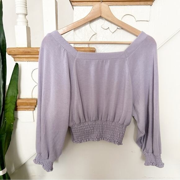 Free People Lavender Square Neck Soft Knit Smocked Cropped Golden Tee Size XS - Picture 4 of 6